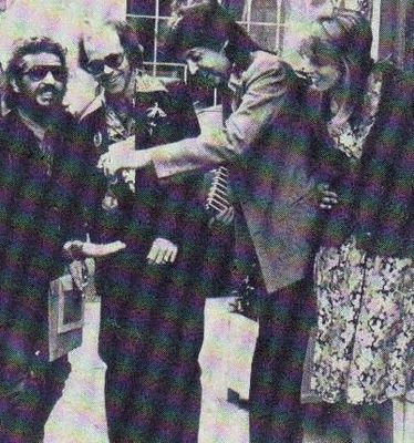 Musicians Harry Nilsson, Ringo Starr, Elton and Paul & Linda McCartney outside a restaurant in Mayfair, London, 1975.
